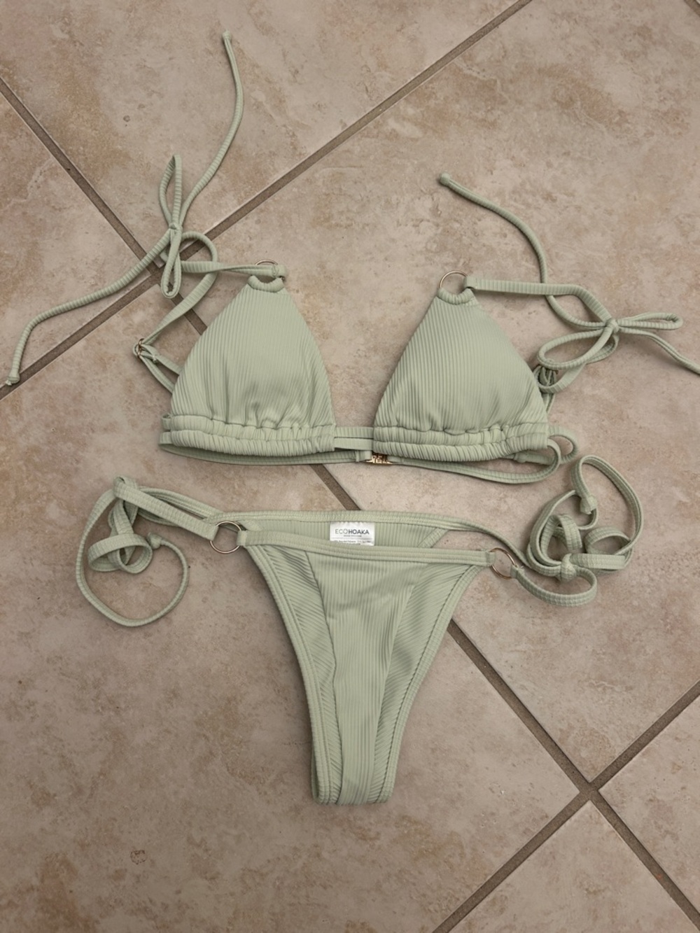 Eco Hoaka Ribbed Sage Green Triangle String Bikini